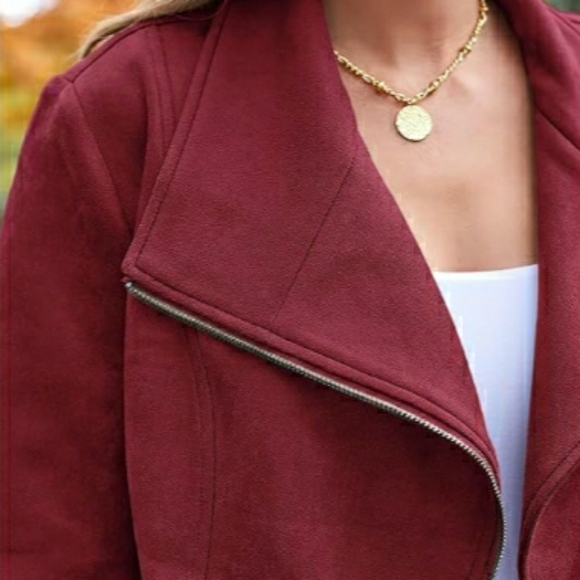 Women Faux Leather Cropped Open Front Coat Cardigan Style Jacket Red - Picture 5 of 6